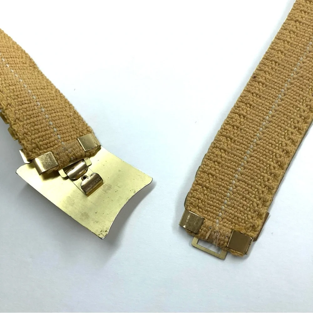Vintage 80s Gold Metallic Fish Scale Belt Stretch Disco Glam Flower Buckle Large